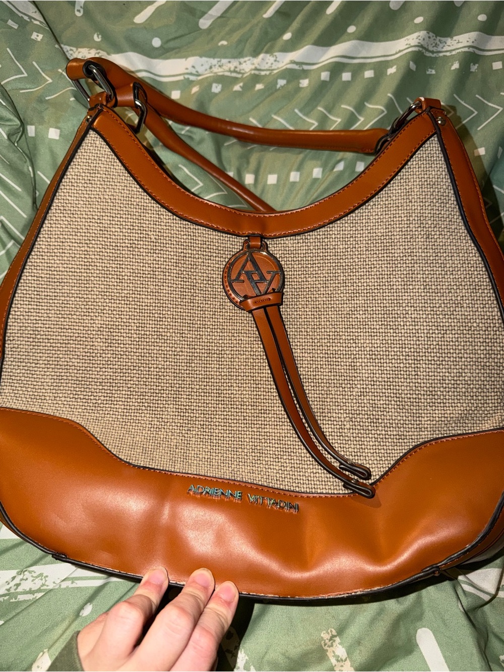 Adrienne Vittadini Tan Leather-Trim Beige Woven Shoulder Bag